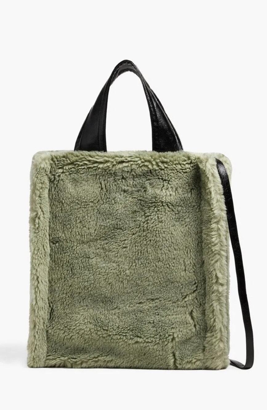 Stand Studio Lola Green Faux Shearling Tote Black Patent Trim NWT